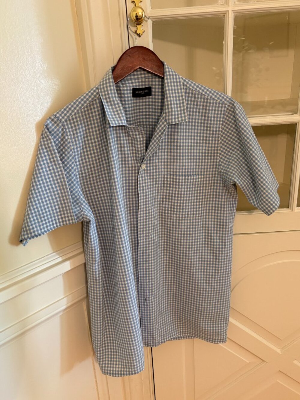 Mason & Sons camp shirt M medium blue and white gingham seersucker James Bond